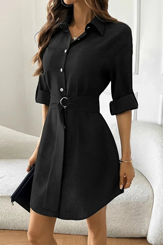 MDB Kadın Uzun Kollu Yakalı önden Düğmeli Beli Kuşaklı Mini Ithal Keten Elbise