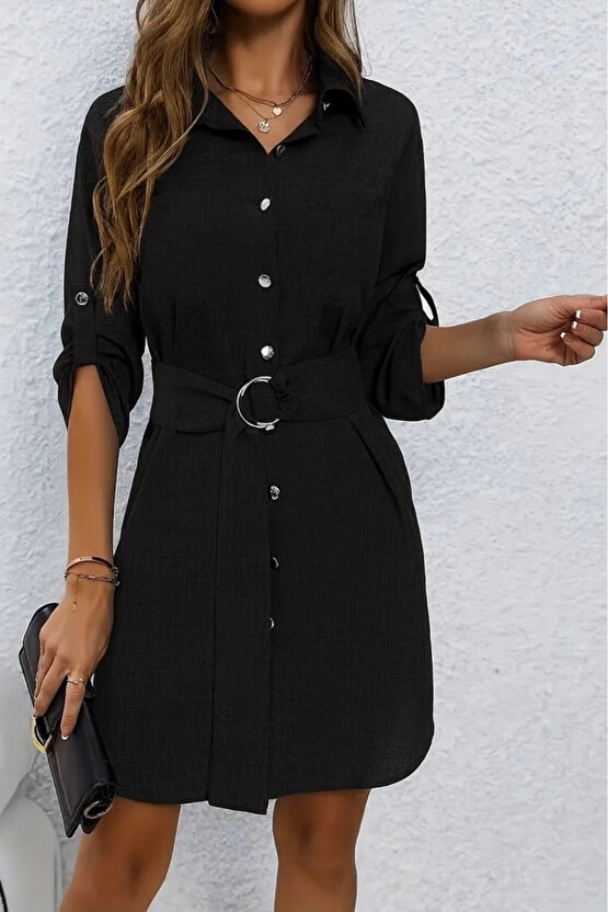 MDB Kadın Uzun Kollu Yakalı önden Düğmeli Beli Kuşaklı Mini Ithal Keten Elbise