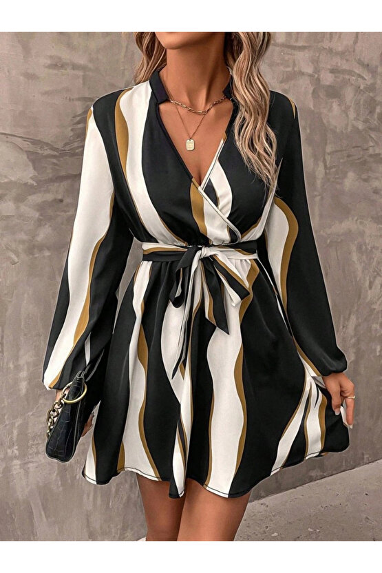 Kadın Uzun Kollu Kruvaze Yakalı Desenli Modal Mini Elbise