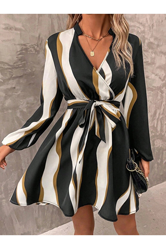 Kadın Uzun Kollu Kruvaze Yakalı Desenli Modal Mini Elbise