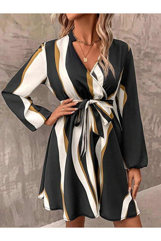 Kadın Uzun Kollu Kruvaze Yakalı Desenli Modal Mini Elbise