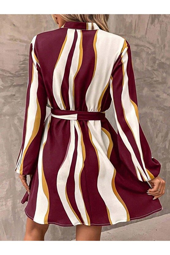 Kadın Uzun Kollu Kruvaze Yakalı Desenli Modal Mini Elbise