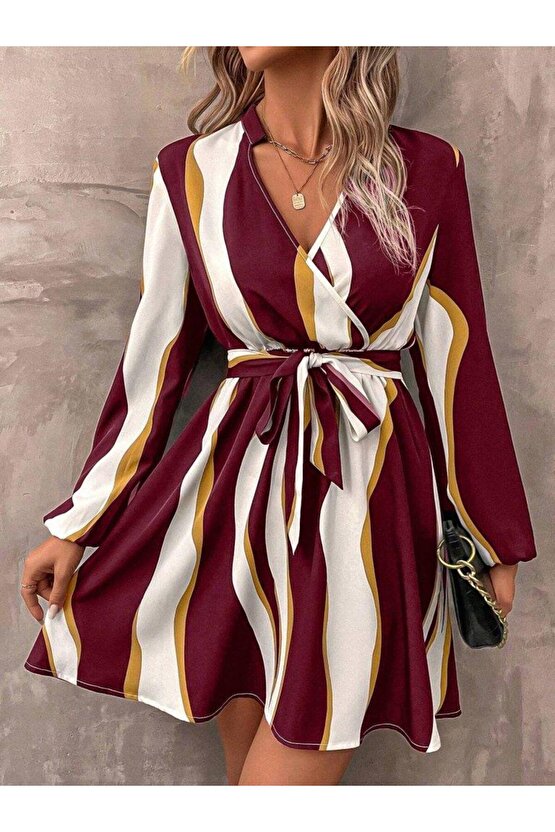 Kadın Uzun Kollu Kruvaze Yakalı Desenli Modal Mini Elbise