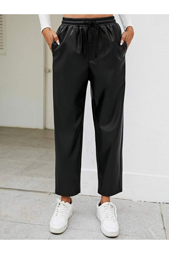 MDB Kadın Yüksel Bel Bağcıklı Deri Pantolon