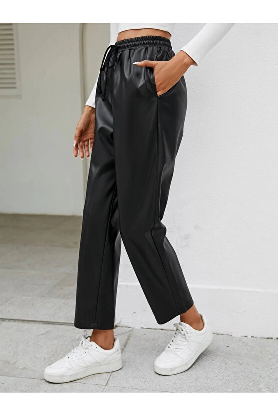 MDB Kadın Yüksel Bel Bağcıklı Deri Pantolon