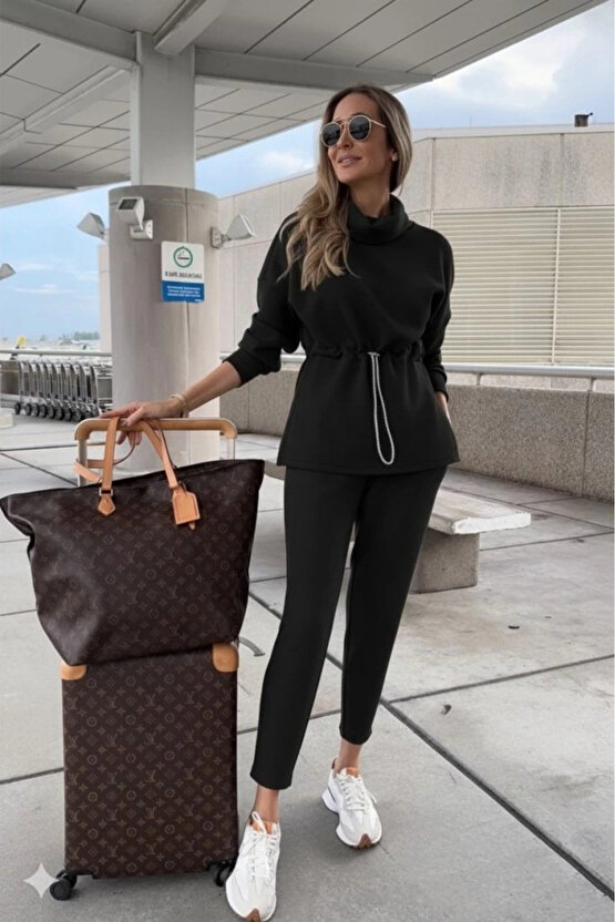 Kadın Uzun Kollu Balıkçı Yaka Belden Lastikli Modal Bluz Ve Pantolon Ikili Takım