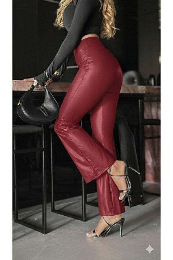 EQURİ Kadın Yüksek Bel Paçaya Doğru Geniş Deri Pantolon