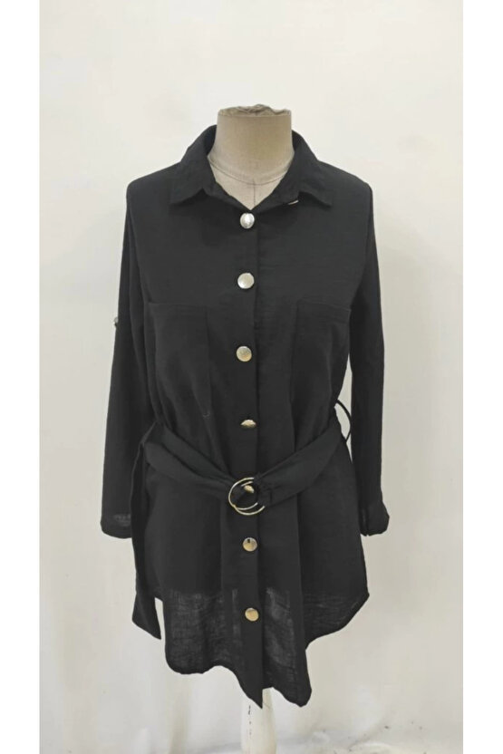 MDB Kadın Uzun Kollu Yakalı önden Düğmeli Beli Kuşaklı Mini Ithal Keten Elbise