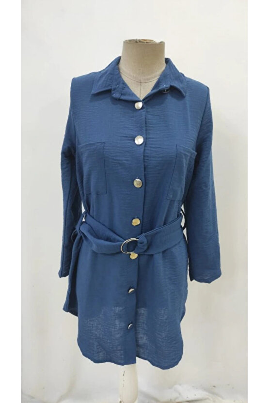 Kadın Uzun Kollu Yakalı önden Düğmeli Beli Kuşaklı Mini Ithal Keten Elbise