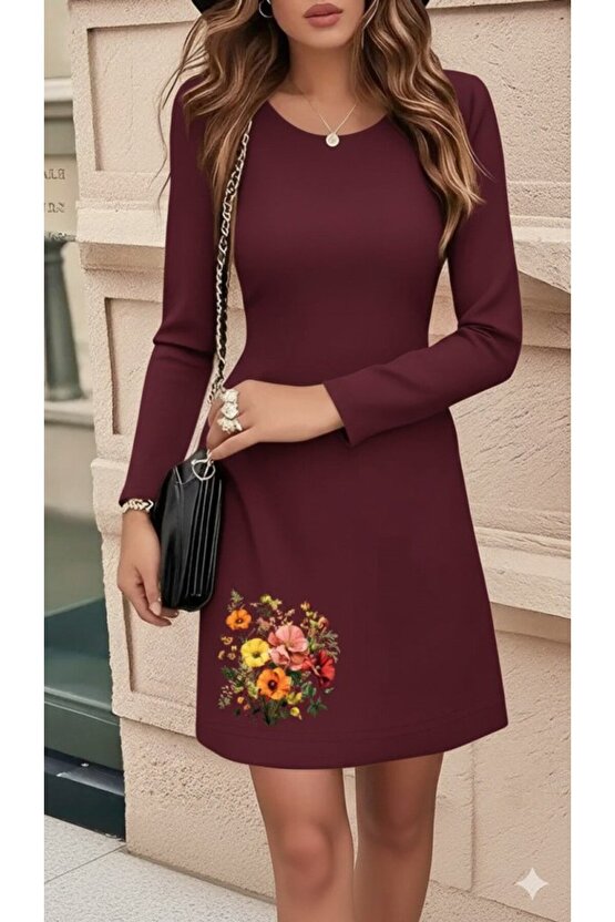 EQURİ Kadın Uzun Kollu Bisiklet Yaka çiçek Desenli Mini Dalgıç Elbise
