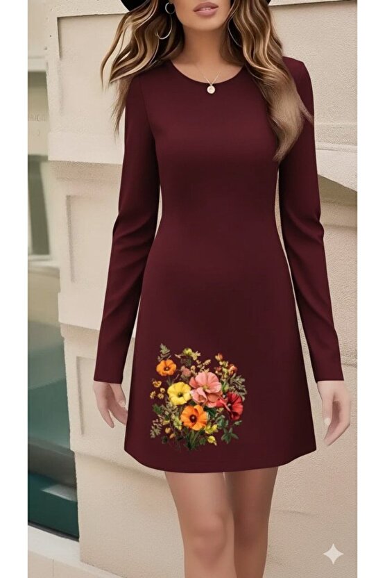 EQURİ Kadın Uzun Kollu Bisiklet Yaka çiçek Desenli Mini Dalgıç Elbise