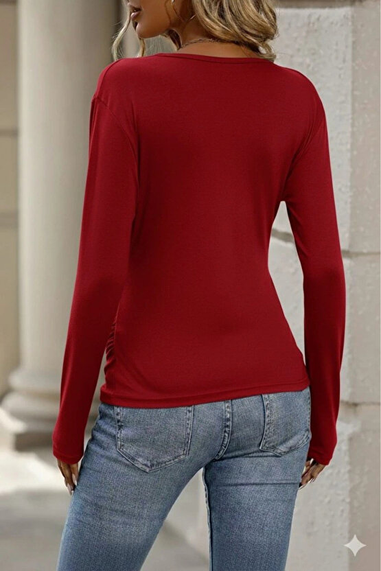 Kadın Uzun Kollu Kruvaze Yaka Yanlardan Büzgülü Viskon Bluz