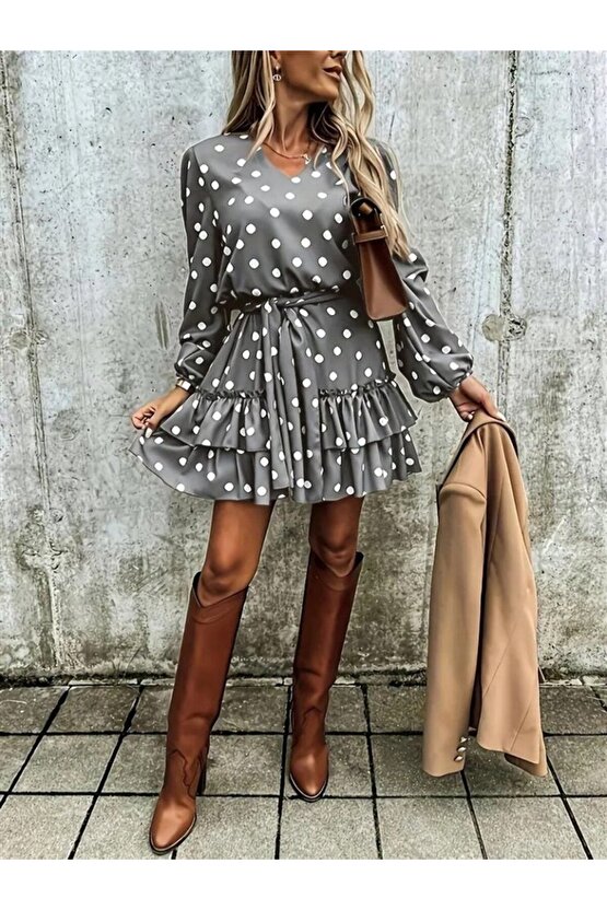 EQURİ Kadın Uzun Kollu V Yakalı Belden Kuşaklı Puantiyeli Mini Modal Elbise