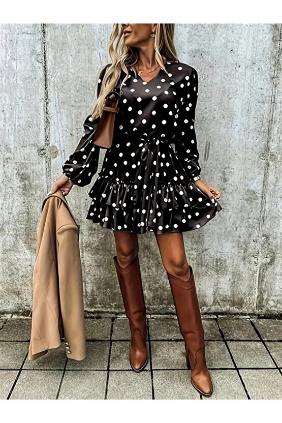 EQURİ Kadın Uzun Kollu V Yakalı Belden Kuşaklı Puantiyeli Mini Modal Elbise