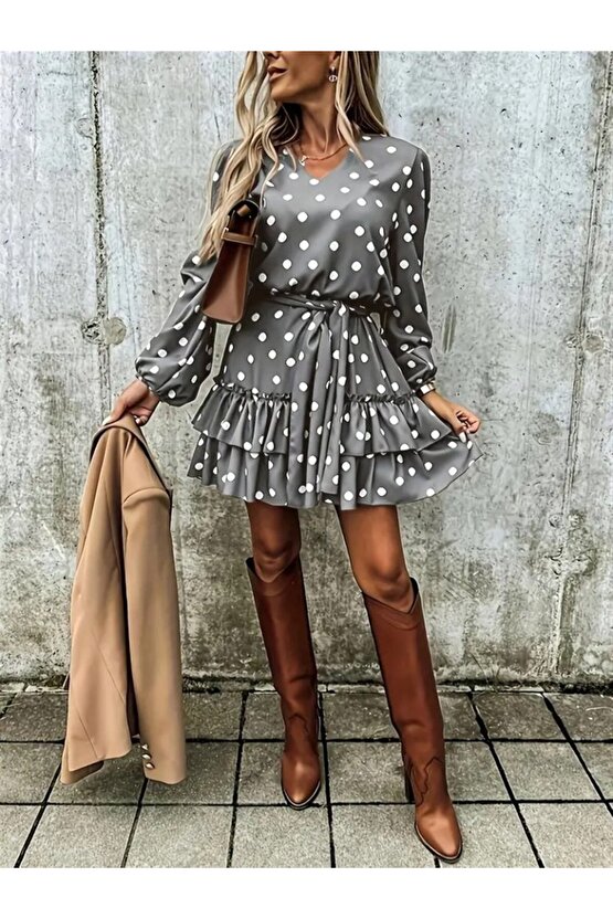 EQURİ Kadın Uzun Kollu V Yakalı Belden Kuşaklı Puantiyeli Mini Modal Elbise