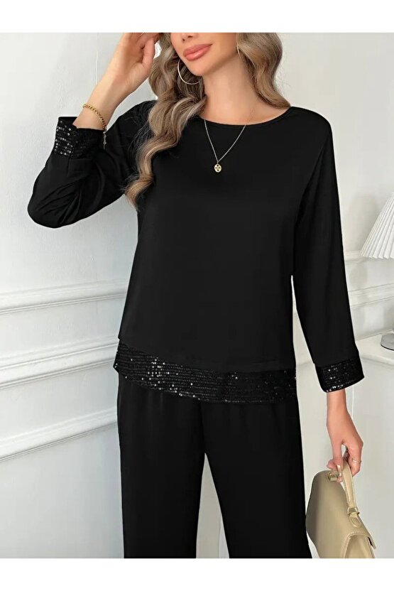 EQURİ Kadın Uzun Kollu Bisiklet Yaka Pulpayetli Viskon Iki Iplik Bluz Ve Pantolon Ikili Takım