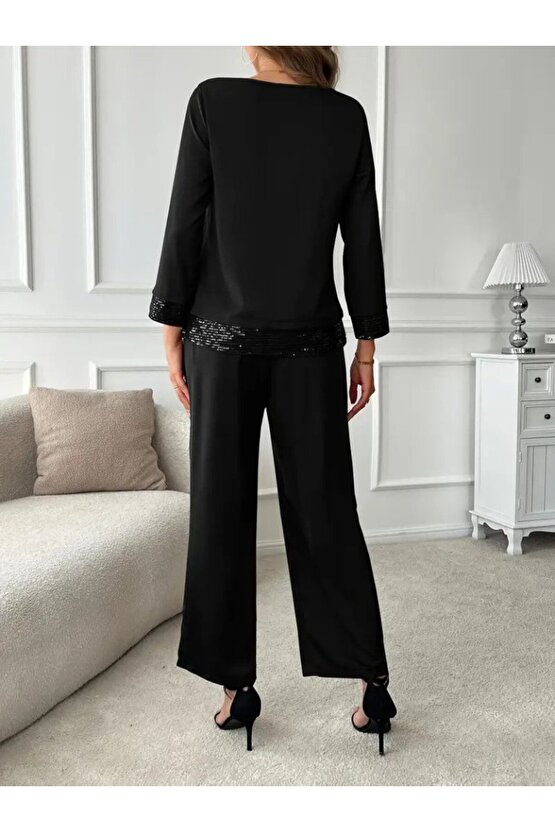 EQURİ Kadın Uzun Kollu Bisiklet Yaka Pulpayetli Viskon Iki Iplik Bluz Ve Pantolon Ikili Takım