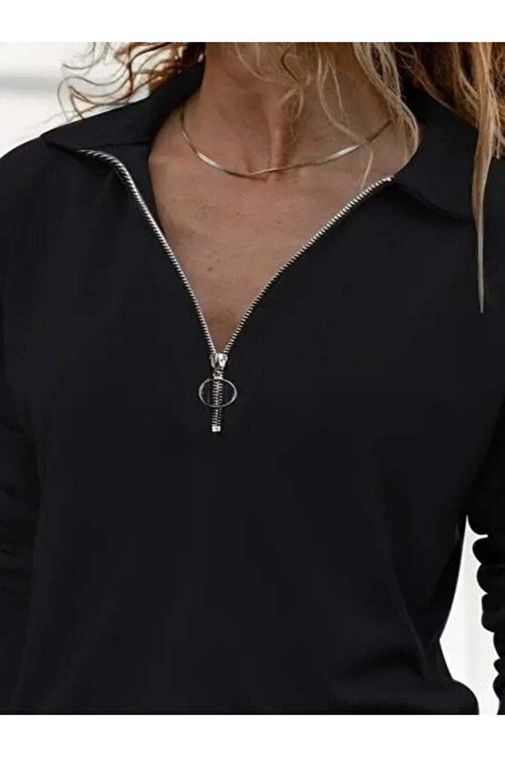 Kadın Uzun Kollu Yakalı Fermuarlı Iki Iplik Bluz