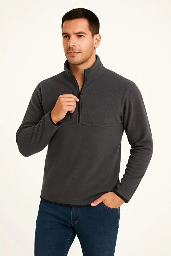 Erkek Polar Kazak – Dik Yaka, Yarım Fermuarlı, Fermuarlı Göğüs Cepli, Siyah Biyeli, Kışlık Rahat Reg