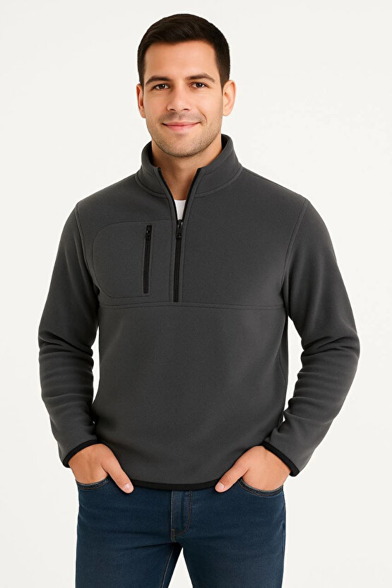 Erkek Polar Kazak – Dik Yaka, Yarım Fermuarlı, Fermuarlı Göğüs Cepli, Siyah Biyeli, Kışlık Rahat Reg