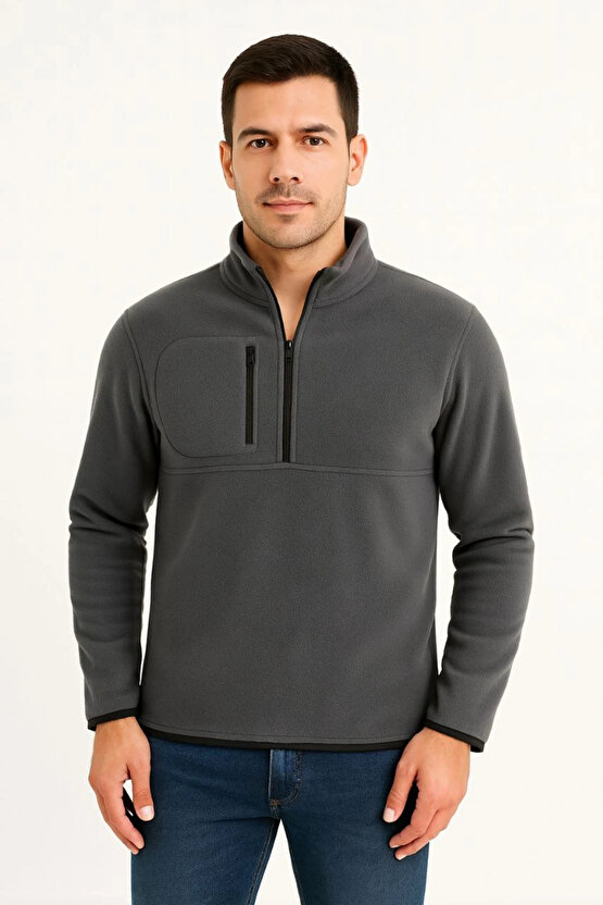 Erkek Polar Kazak – Dik Yaka, Yarım Fermuarlı, Fermuarlı Göğüs Cepli, Siyah Biyeli, Kışlık Rahat Reg