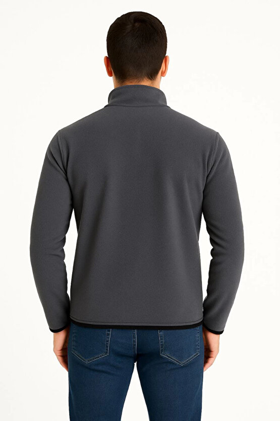 Erkek Polar Kazak – Dik Yaka, Yarım Fermuarlı, Fermuarlı Göğüs Cepli, Siyah Biyeli, Kışlık Rahat Reg