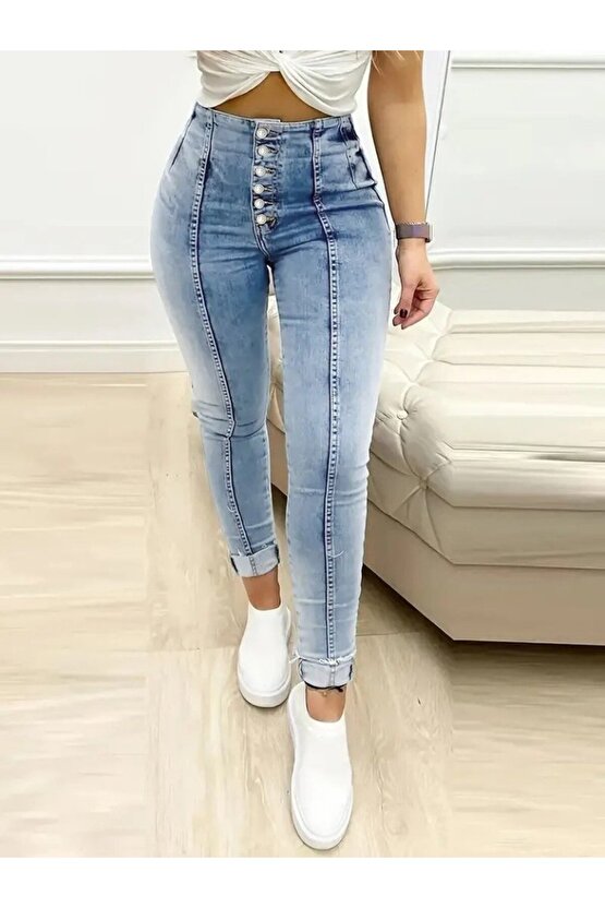 EQURİ Kadın Yüksek Bel önden Düğmeli Jean Pantolon