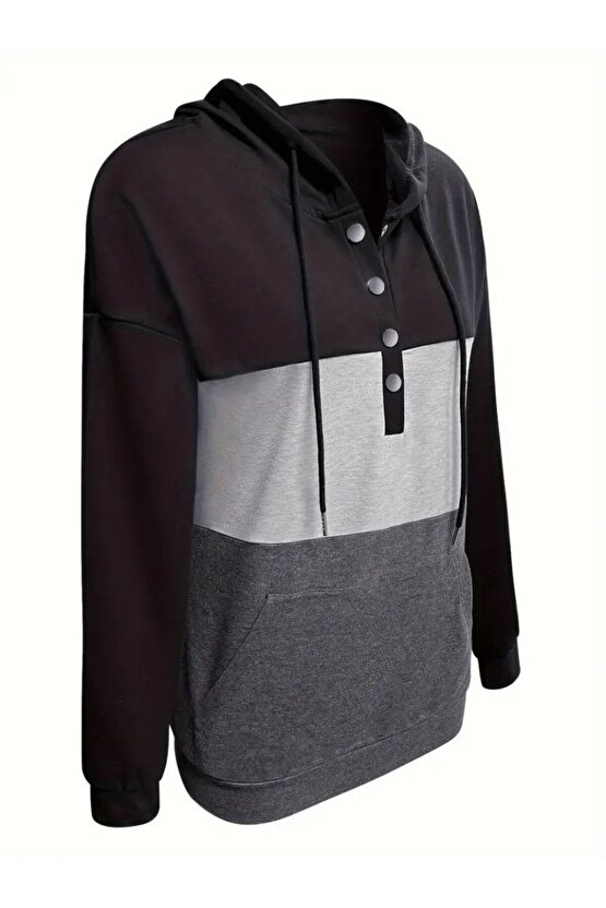 Kadın Uzun Kollu Kapşonlu çok Renkli Iki Iplik Bluz