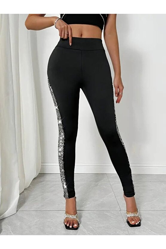 Kadın Yüksek Bel Yarı şerit Pul Payetli Dalgıç Tayt