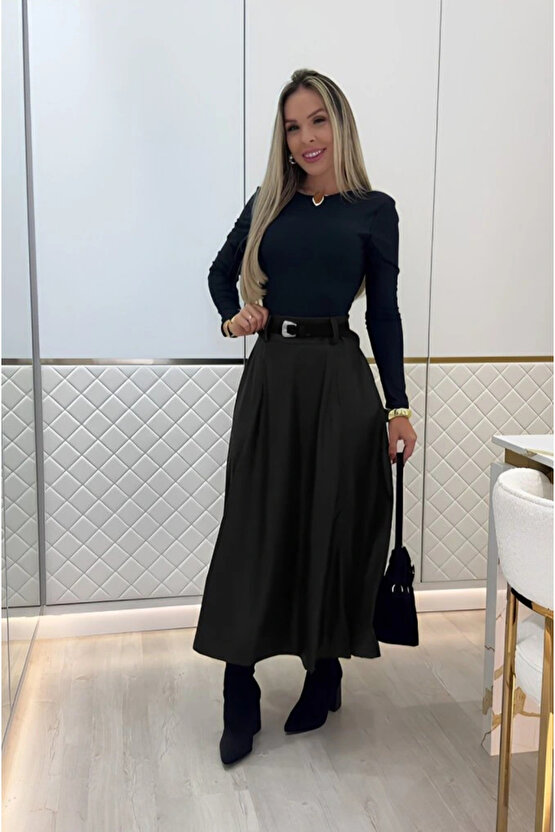 Kadın Yüksek Belli Maxi Deri Kemersiz Etek
