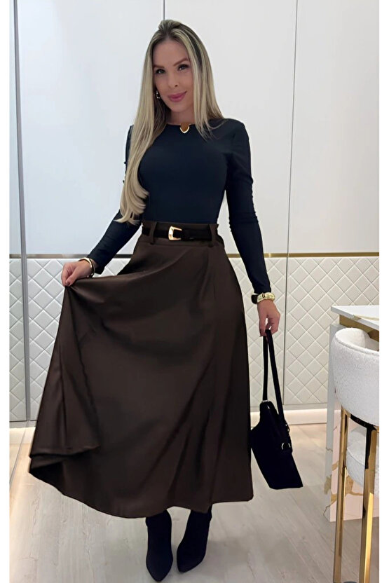 Kadın Yüksek Belli Maxi Deri Kemersiz Etek