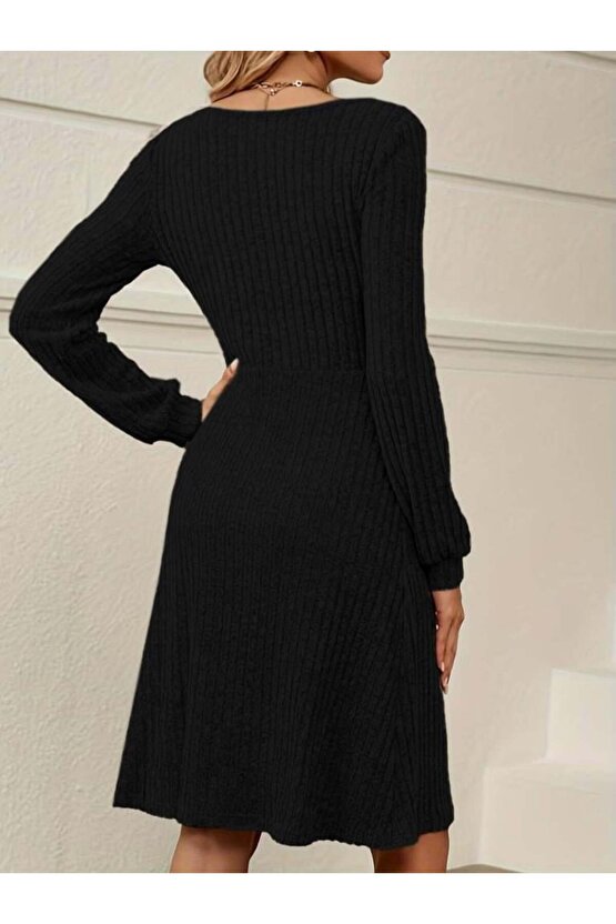 Kadın Uzun Kollu Kare Yaka Düğmeli Kısa şardonlu Iki Iplik Mini Elbise