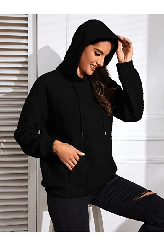 Kadın Uzun Kollu Kapşonlu Bağcıklı Cepli Capitone Sweatshirt