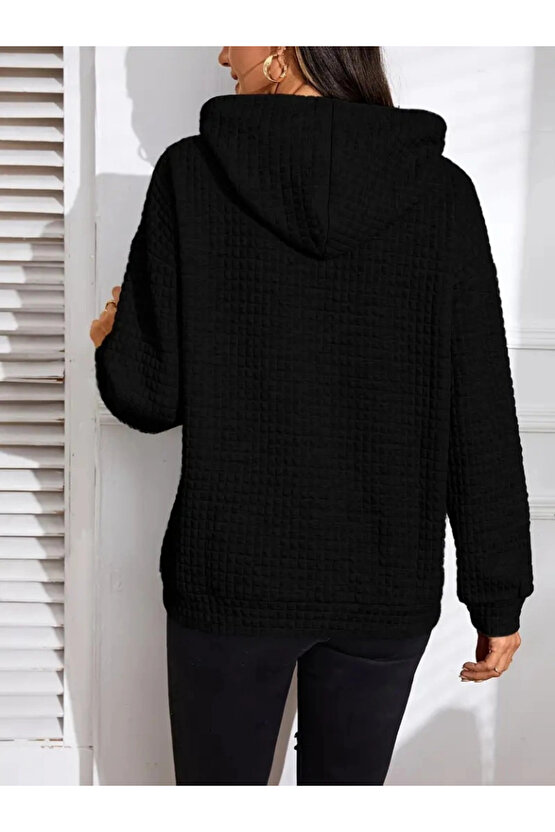 Kadın Uzun Kollu Kapşonlu Bağcıklı Cepli Capitone Sweatshirt