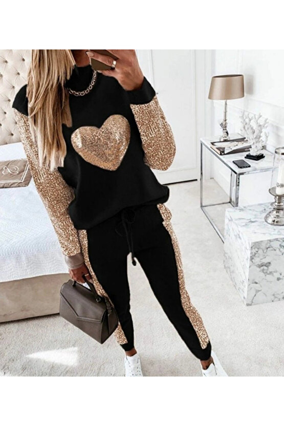 Kadın Uzun Kollu Yarım Balıkçı Yaka Pul Payet Detay Iki Iplik Ikili Takım