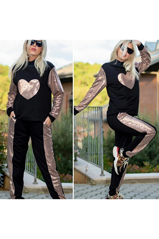 Kadın Uzun Kollu Yarım Balıkçı Yaka Pul Payet Detay Iki Iplik Ikili Takım