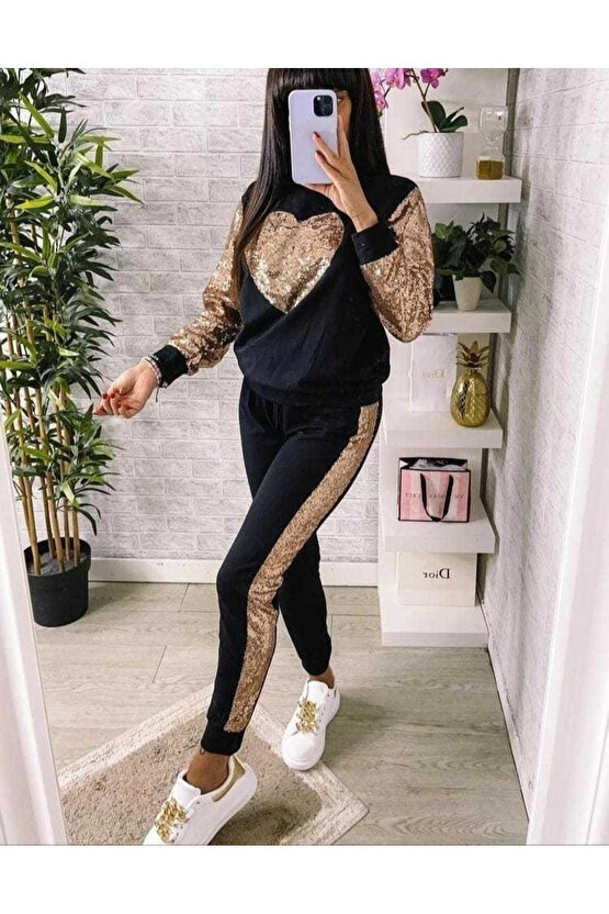 Kadın Uzun Kollu Yarım Balıkçı Yaka Pul Payet Detay Iki Iplik Ikili Takım