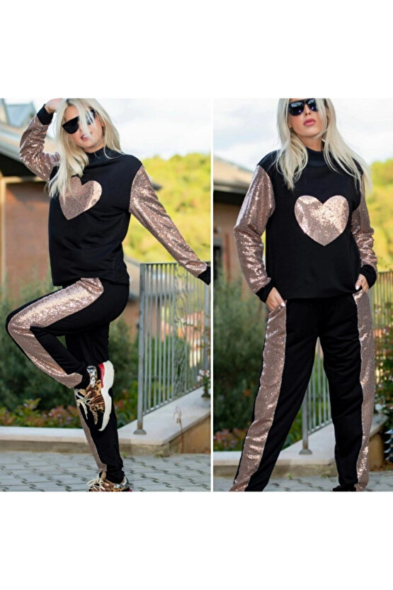 Kadın Uzun Kollu Yarım Balıkçı Yaka Pul Payet Detay Iki Iplik Ikili Takım