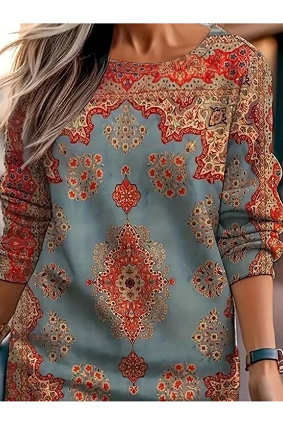 Kadın Uzun Kollu Yuvarlak Yaka Desenli Mini Modal Elbise