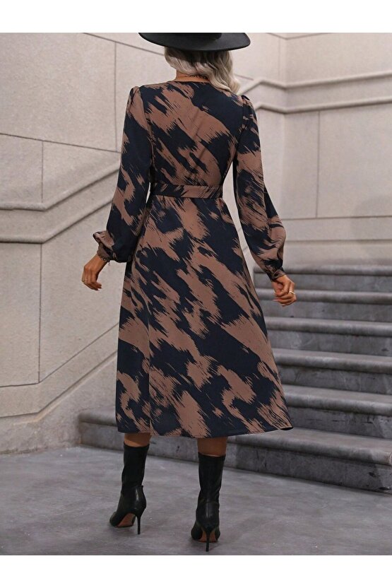 Kadın Uzun Kollu Kruvaze Yakalı Yandan Bağlamalı Desenli Mini Modal Elbise