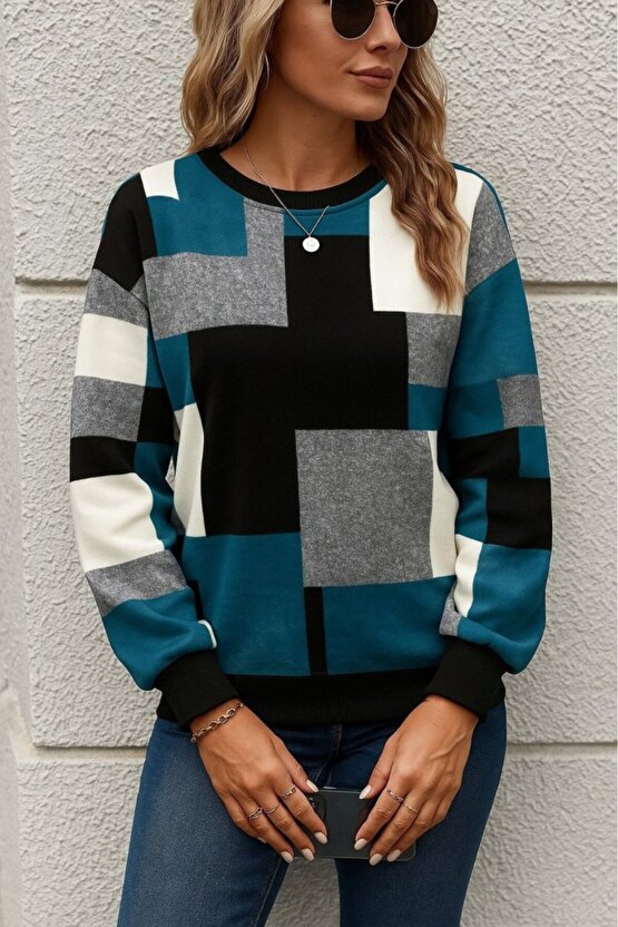 Kadın Uzun Kollu Bisiklet Yaka Renkli Blok Baskı Dalgıç Bluz