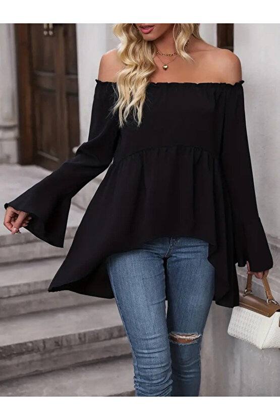 EQURİ Kadın Uzun Kollu Madonna Yaka Asimetrik Detaylı Kolları Ispanyol Viskon Bluz