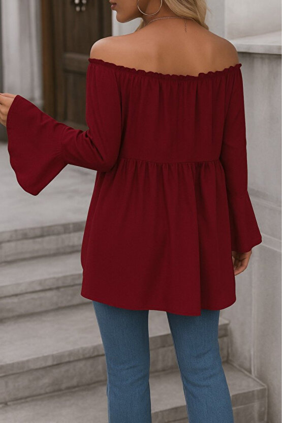 EQURİ Kadın Uzun Kollu Madonna Yaka Asimetrik Detaylı Kolları Ispanyol Viskon Bluz