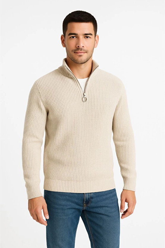 EQURİ Erkek Yarım Fermuarlı Triko Kazak – Selanik Örgü, Dik Yaka, Pamuklu Dokuma, Regular Fit Uzun K