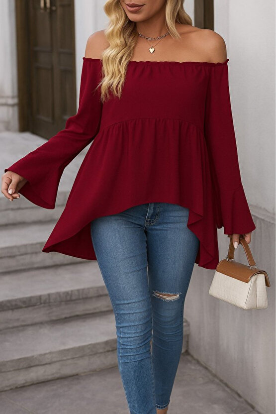 EQURİ Kadın Uzun Kollu Madonna Yaka Asimetrik Detaylı Kolları Ispanyol Viskon Bluz