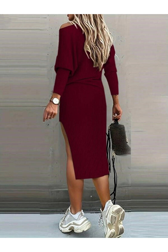 Kadın Uzun Kollu Düşük Omuz Yırtmaç Detay Kaşkorse Etek Bluz Ikili Takım