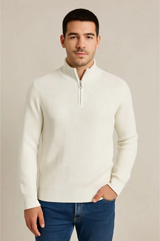 EQURİ Erkek Yarım Fermuarlı Triko Kazak – Selanik Örgü, Dik Yaka, Pamuklu Dokuma, Regular Fit Uzun K
