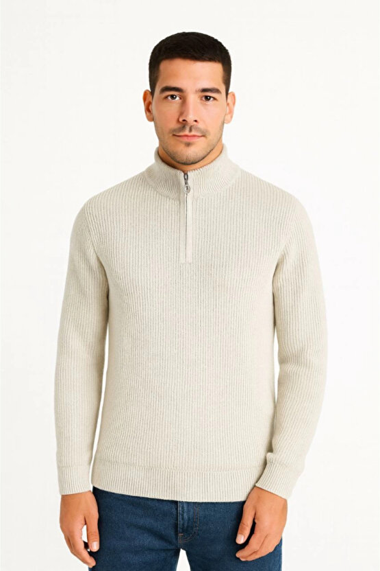 EQURİ Erkek Yarım Fermuarlı Triko Kazak – Selanik Örgü, Dik Yaka, Pamuklu Dokuma, Regular Fit Uzun K