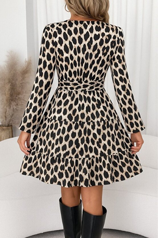 EQURİ Kadın Uzun Kollu Kruvaze Yaka Desenli Mini Modal Elbise