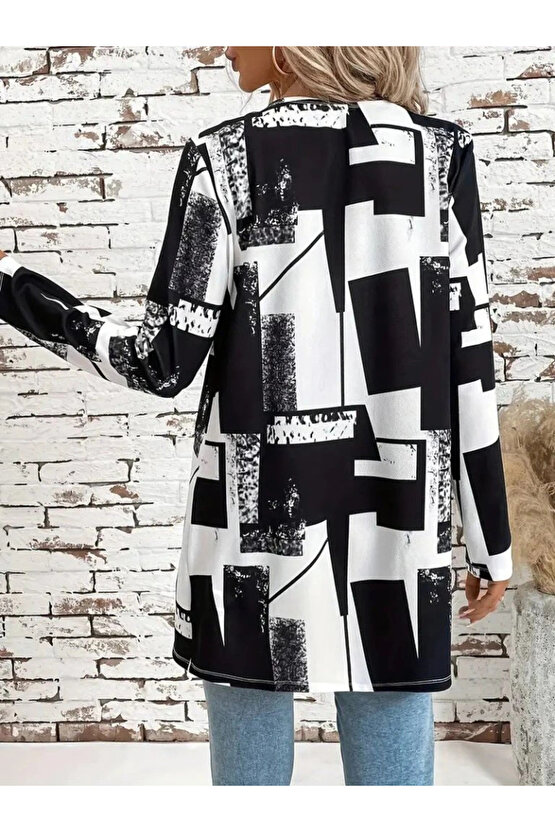 Kadın Uzun Kollu önü Açık Desenli Modal Kısa Ceket